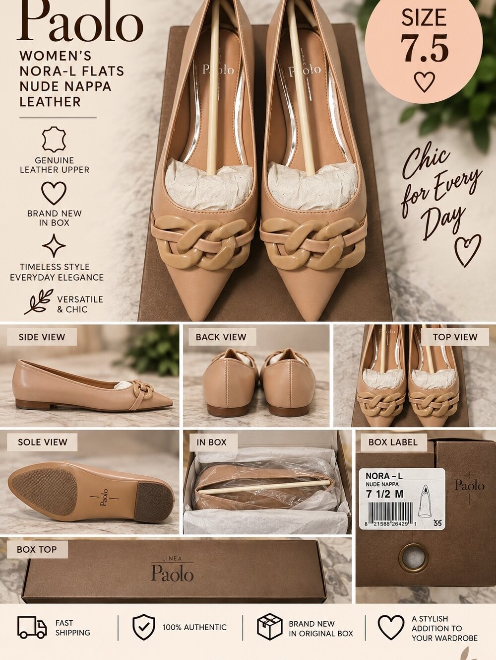 NIB Linea Paolo Nude Pointed Toe Braided Detail Flats